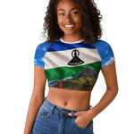 Lesotho Independence Day Raglan Cropped T shirt National Flag Scenic Mountain Landscape And Floral