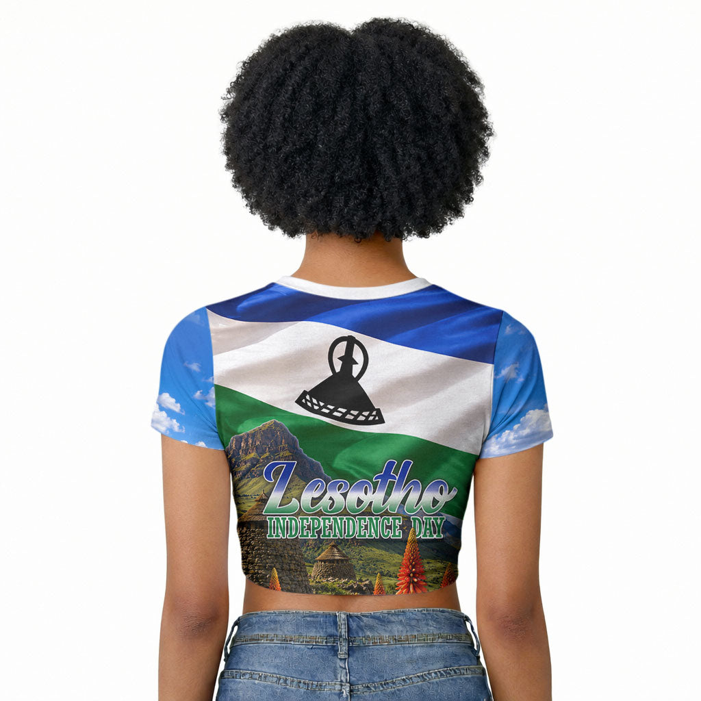 Lesotho Independence Day Raglan Cropped T shirt National Flag Scenic Mountain Landscape And Floral