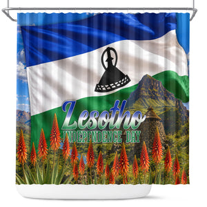 Lesotho Independence Day Shower Curtain National Flag Scenic Mountain Landscape And Floral