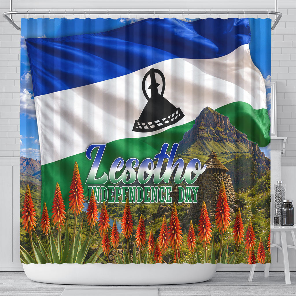 Lesotho Independence Day Shower Curtain National Flag Scenic Mountain Landscape And Floral
