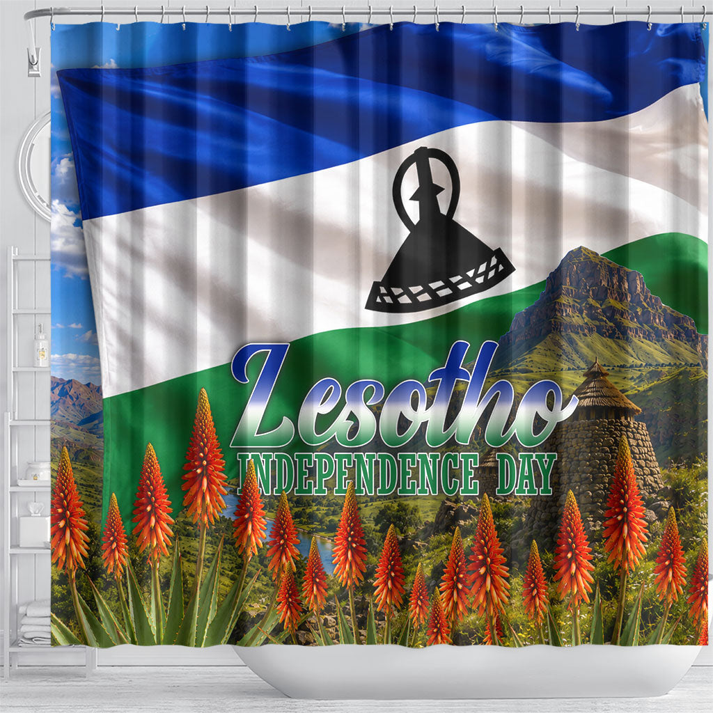 Lesotho Independence Day Shower Curtain National Flag Scenic Mountain Landscape And Floral