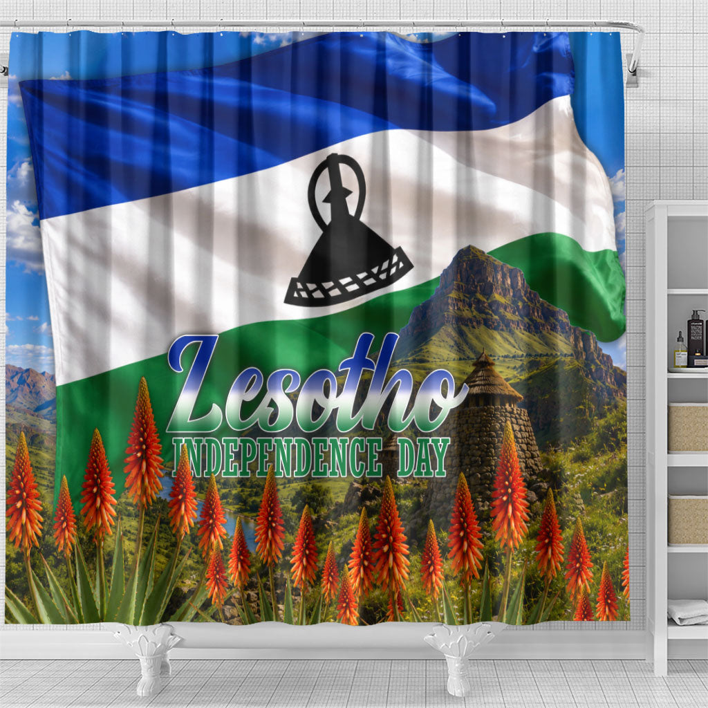 Lesotho Independence Day Shower Curtain National Flag Scenic Mountain Landscape And Floral