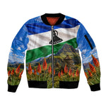 Lesotho Independence Day Sleeve Zip Bomber Jacket National Flag Scenic Mountain Landscape And Floral