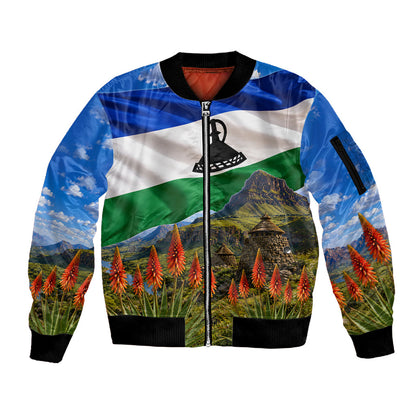 Lesotho Independence Day Sleeve Zip Bomber Jacket National Flag Scenic Mountain Landscape And Floral