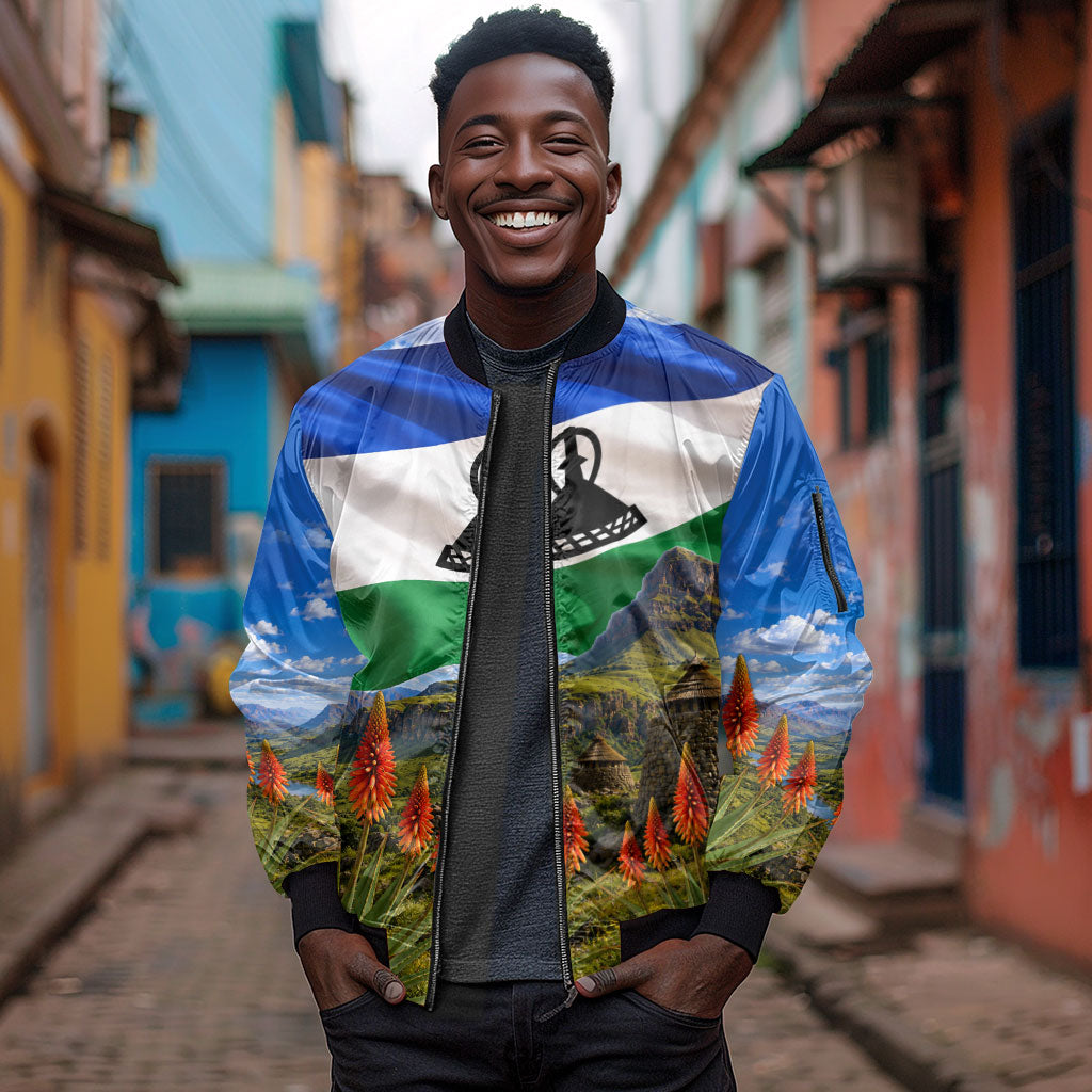 Lesotho Independence Day Sleeve Zip Bomber Jacket National Flag Scenic Mountain Landscape And Floral