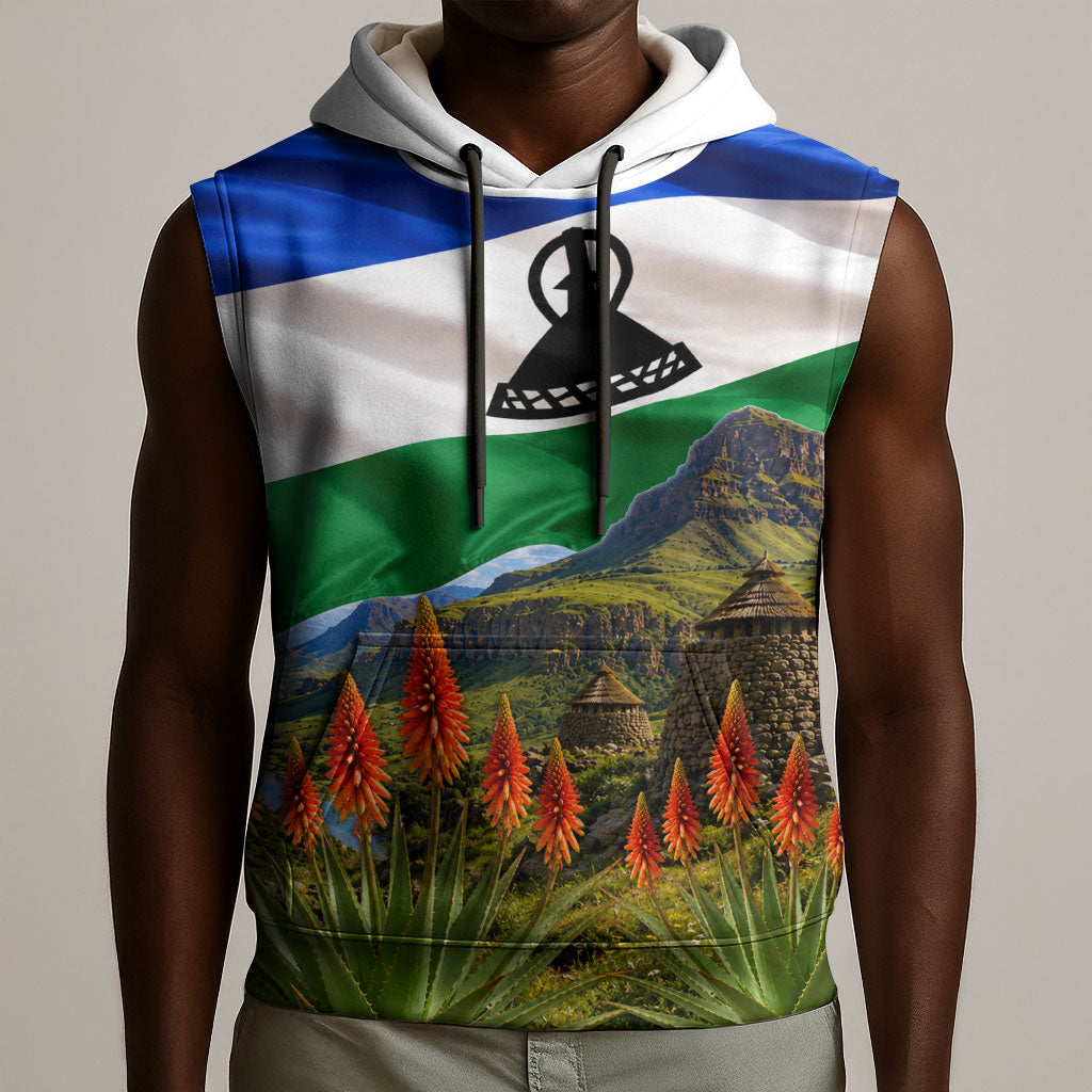 Lesotho Independence Day Sleeveless Hoodie National Flag Scenic Mountain Landscape And Floral