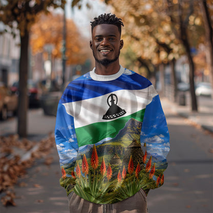 Lesotho Independence Day Sweatshirt National Flag Scenic Mountain Landscape And Floral