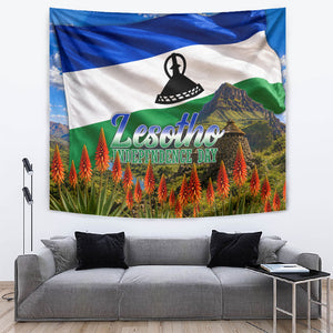 Lesotho Independence Day Tapestry National Flag Scenic Mountain Landscape And Floral