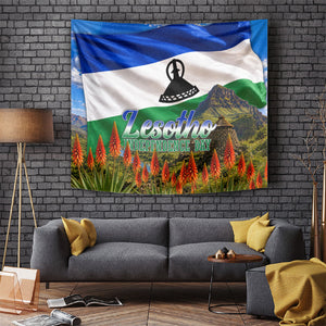 Lesotho Independence Day Tapestry National Flag Scenic Mountain Landscape And Floral