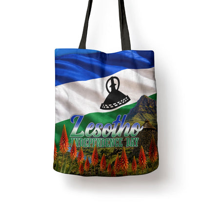 Lesotho Independence Day Tote Bag National Flag Scenic Mountain Landscape And Floral