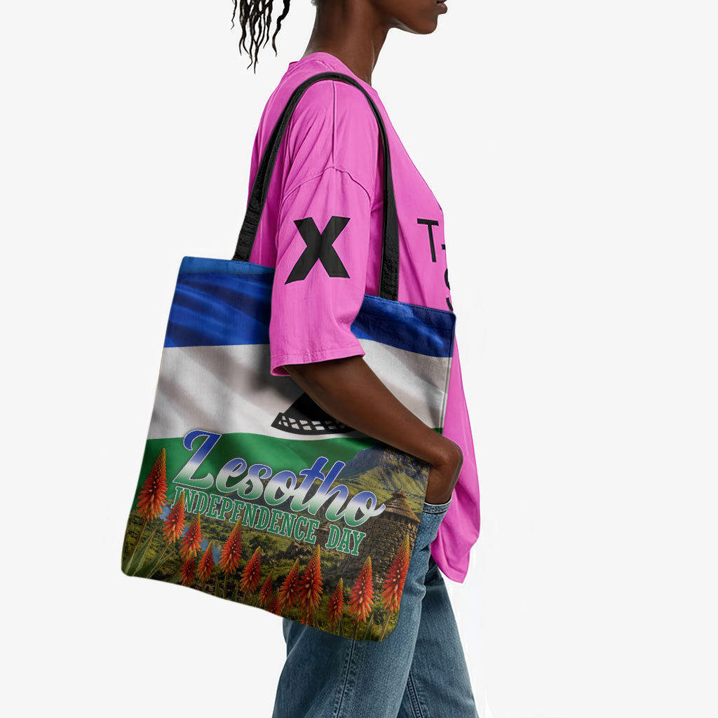 Lesotho Independence Day Tote Bag National Flag Scenic Mountain Landscape And Floral
