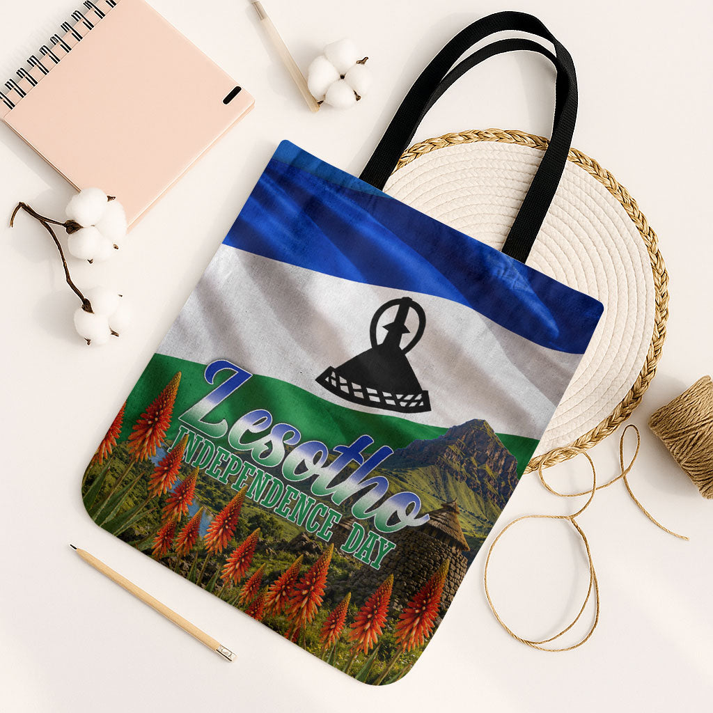 Lesotho Independence Day Tote Bag National Flag Scenic Mountain Landscape And Floral