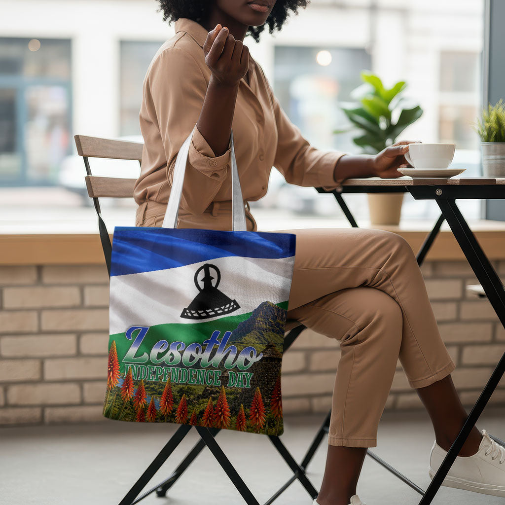 Lesotho Independence Day Tote Bag National Flag Scenic Mountain Landscape And Floral