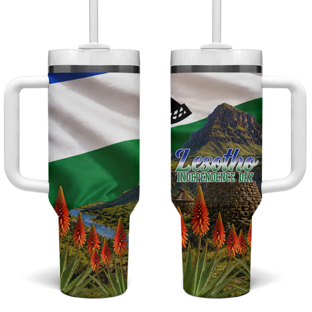 Lesotho Independence Day Tumbler With Handle National Flag Scenic Mountain Landscape And Floral