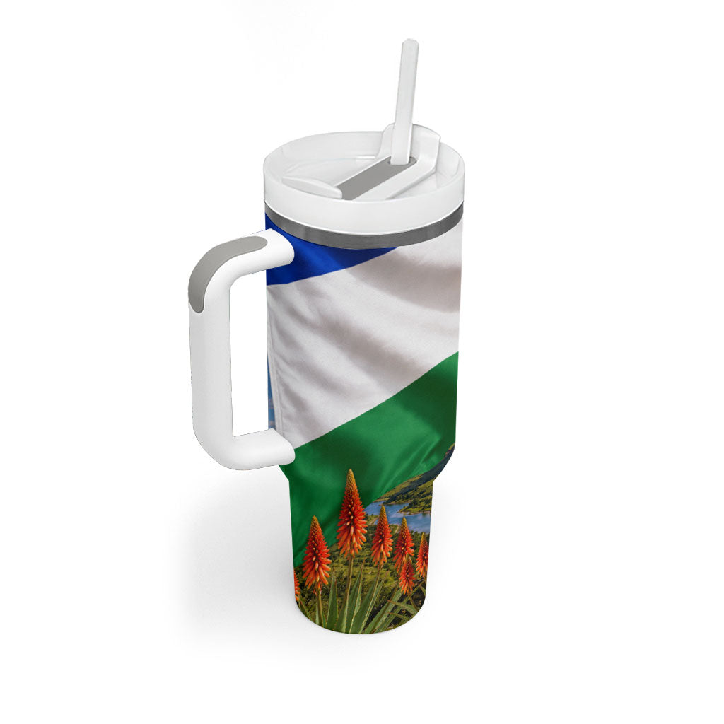 Lesotho Independence Day Tumbler With Handle National Flag Scenic Mountain Landscape And Floral
