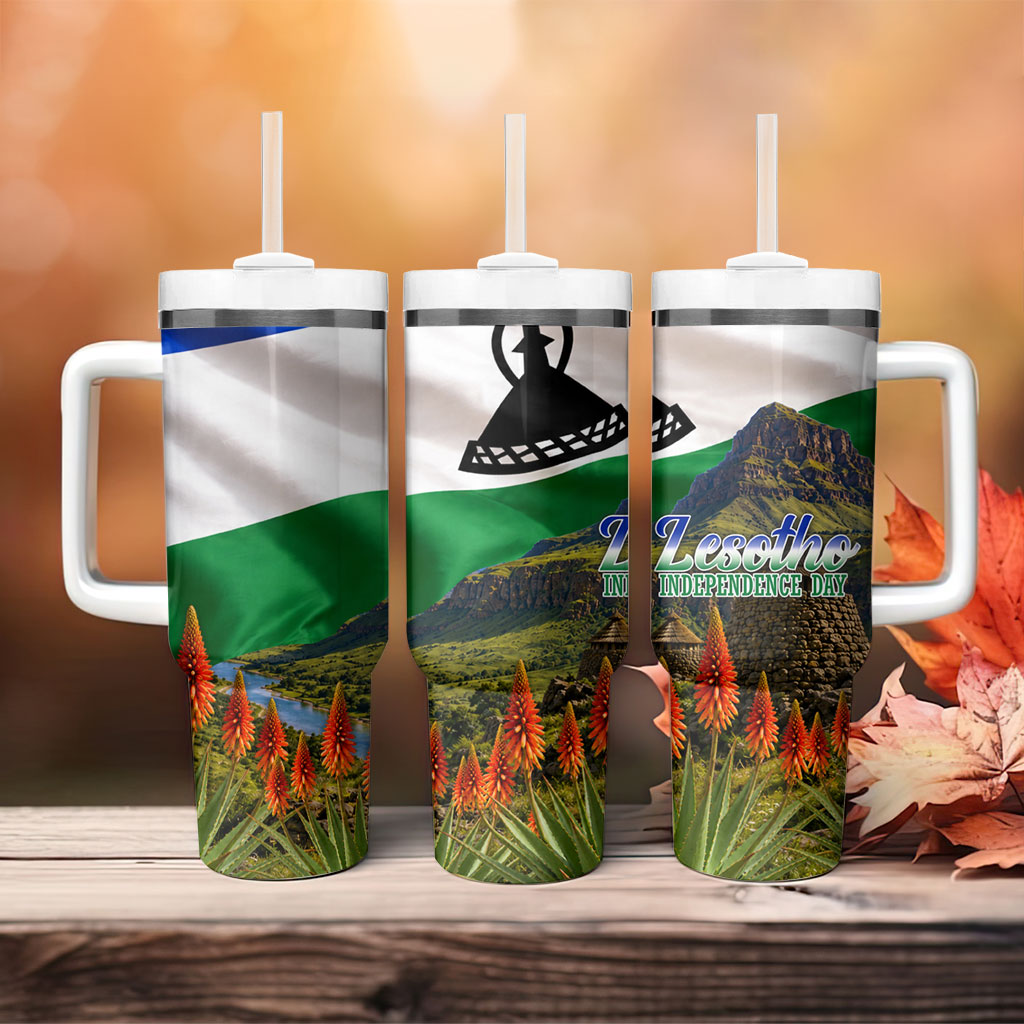 Lesotho Independence Day Tumbler With Handle National Flag Scenic Mountain Landscape And Floral