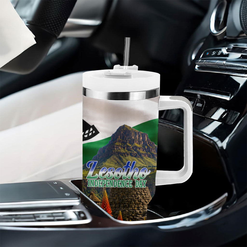 Lesotho Independence Day Tumbler With Handle National Flag Scenic Mountain Landscape And Floral
