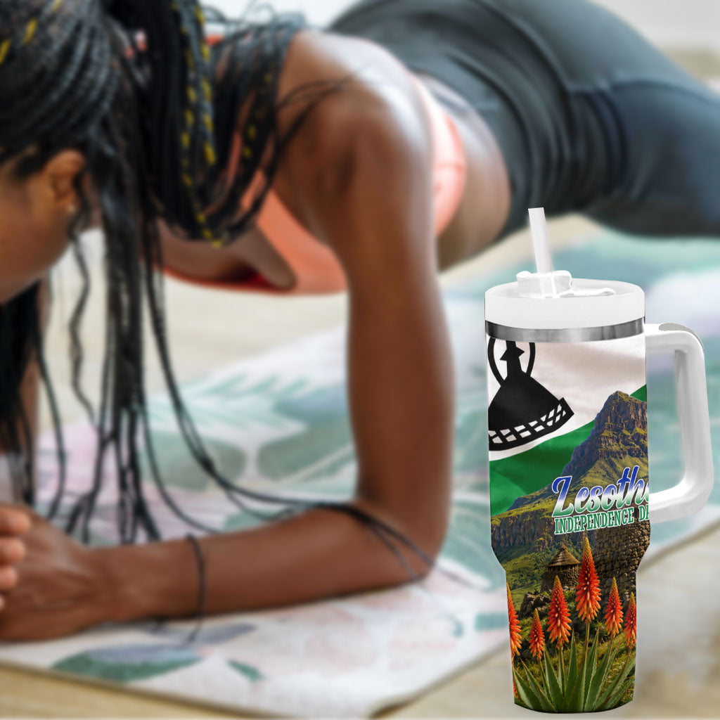 Lesotho Independence Day Tumbler With Handle National Flag Scenic Mountain Landscape And Floral
