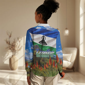 Lesotho Independence Day Women Casual Shirt National Flag Scenic Mountain Landscape And Floral