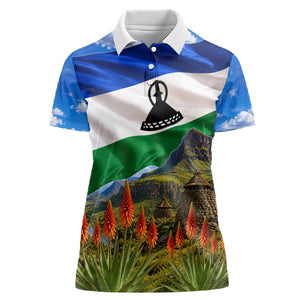 Lesotho Independence Day Women Polo Shirt National Flag Scenic Mountain Landscape And Floral