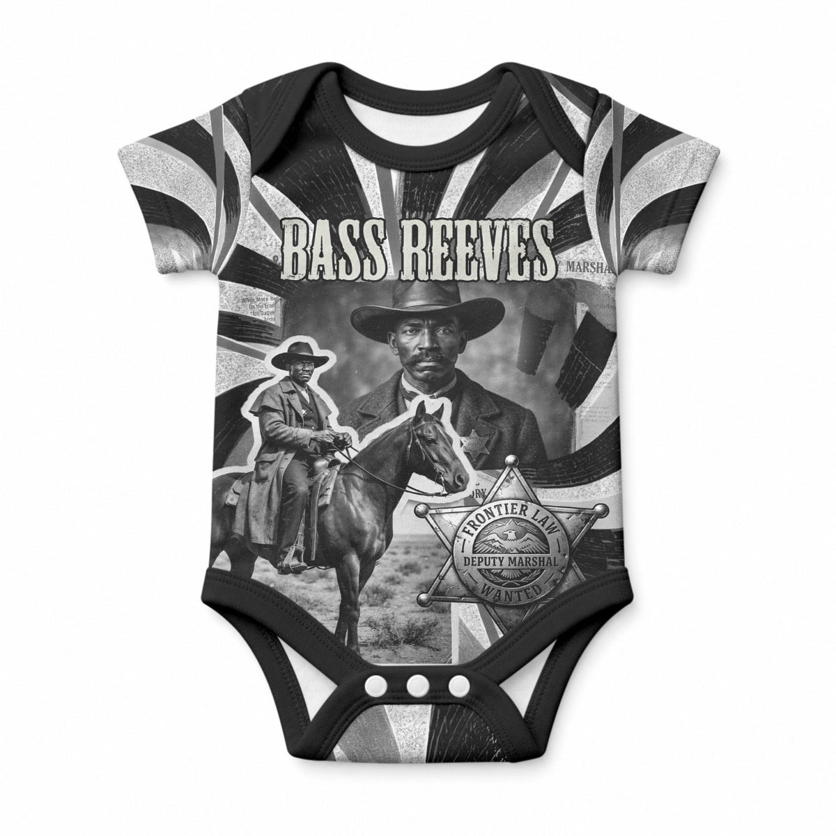 Bass Reeves Deputy Marshal Baby Onesie Black White Vintage Lawman Horse Badge Sunburst