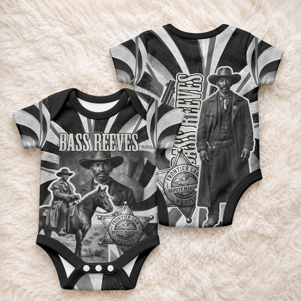 Bass Reeves Deputy Marshal Baby Onesie Black White Vintage Lawman Horse Badge Sunburst