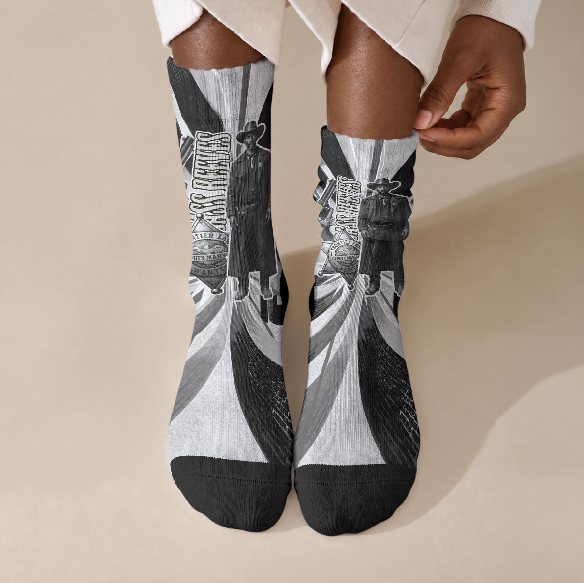 Bass Reeves Deputy Marshal Crew Socks Black White Vintage Lawman Horse Badge Sunburst