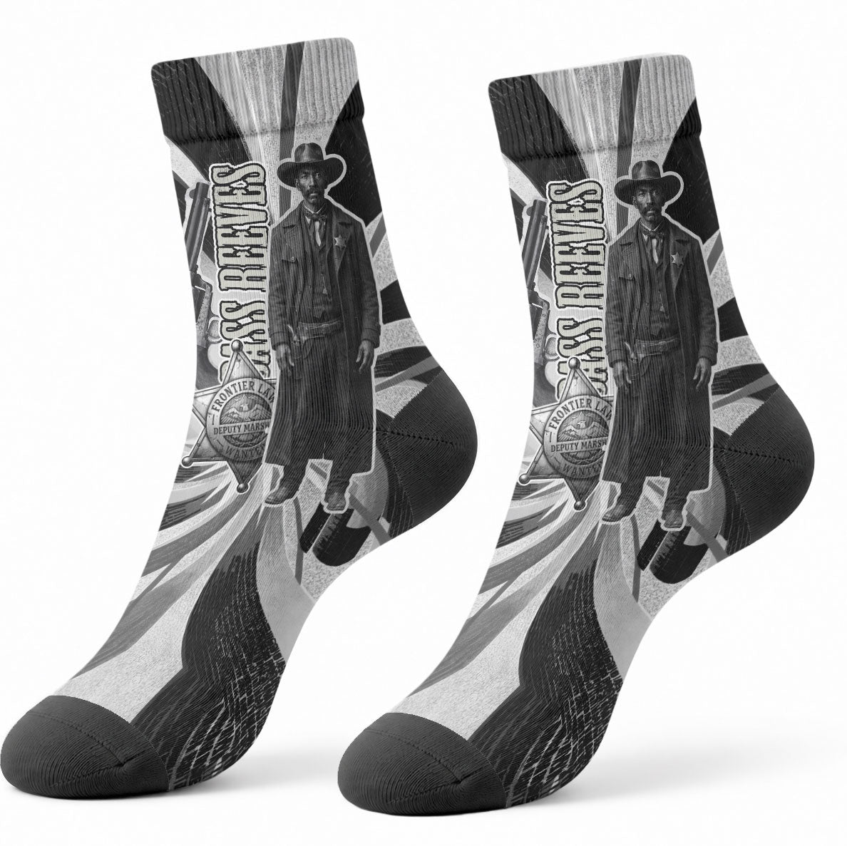 Bass Reeves Deputy Marshal Crew Socks Black White Vintage Lawman Horse Badge Sunburst