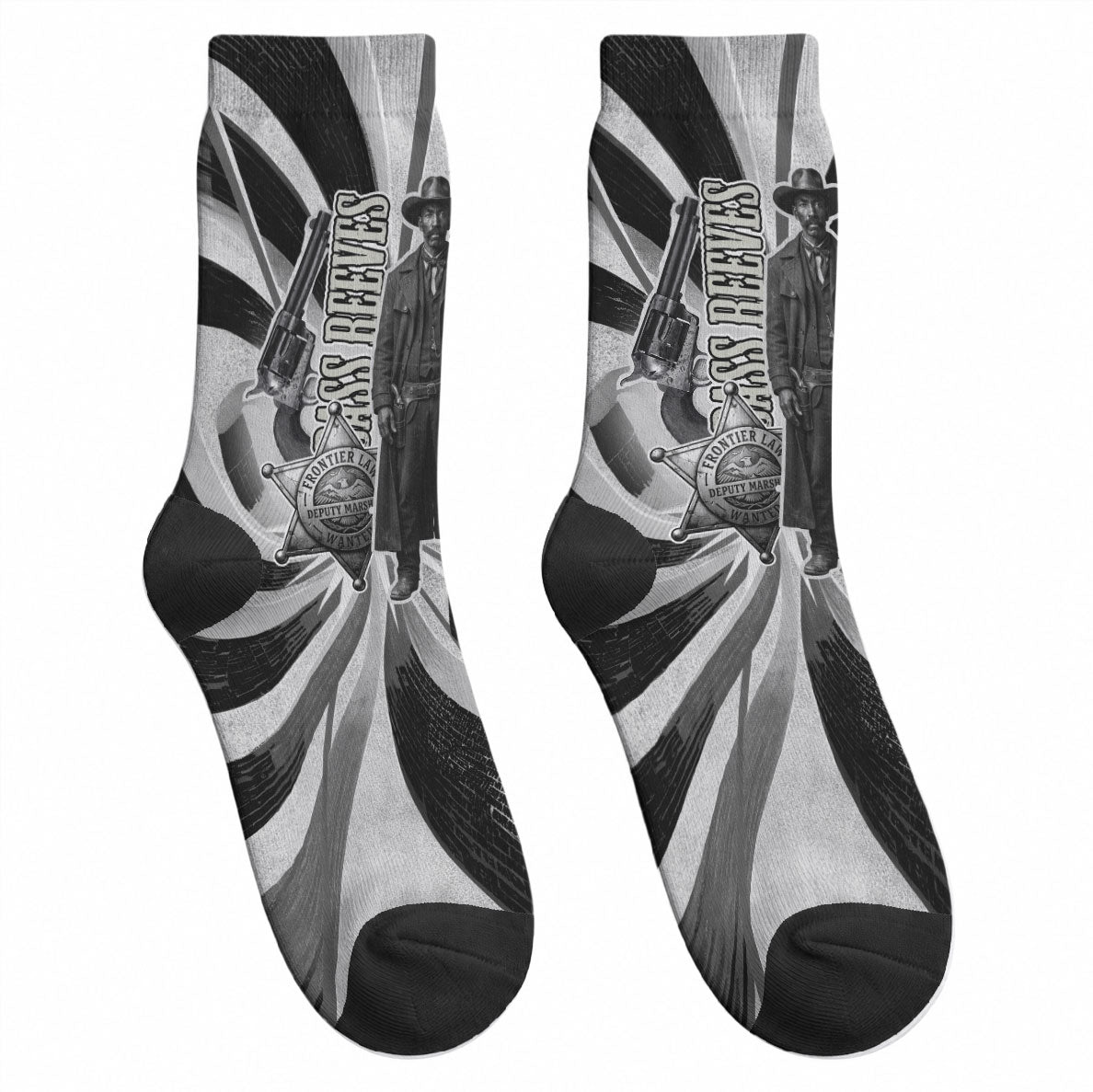 Bass Reeves Deputy Marshal Crew Socks Black White Vintage Lawman Horse Badge Sunburst