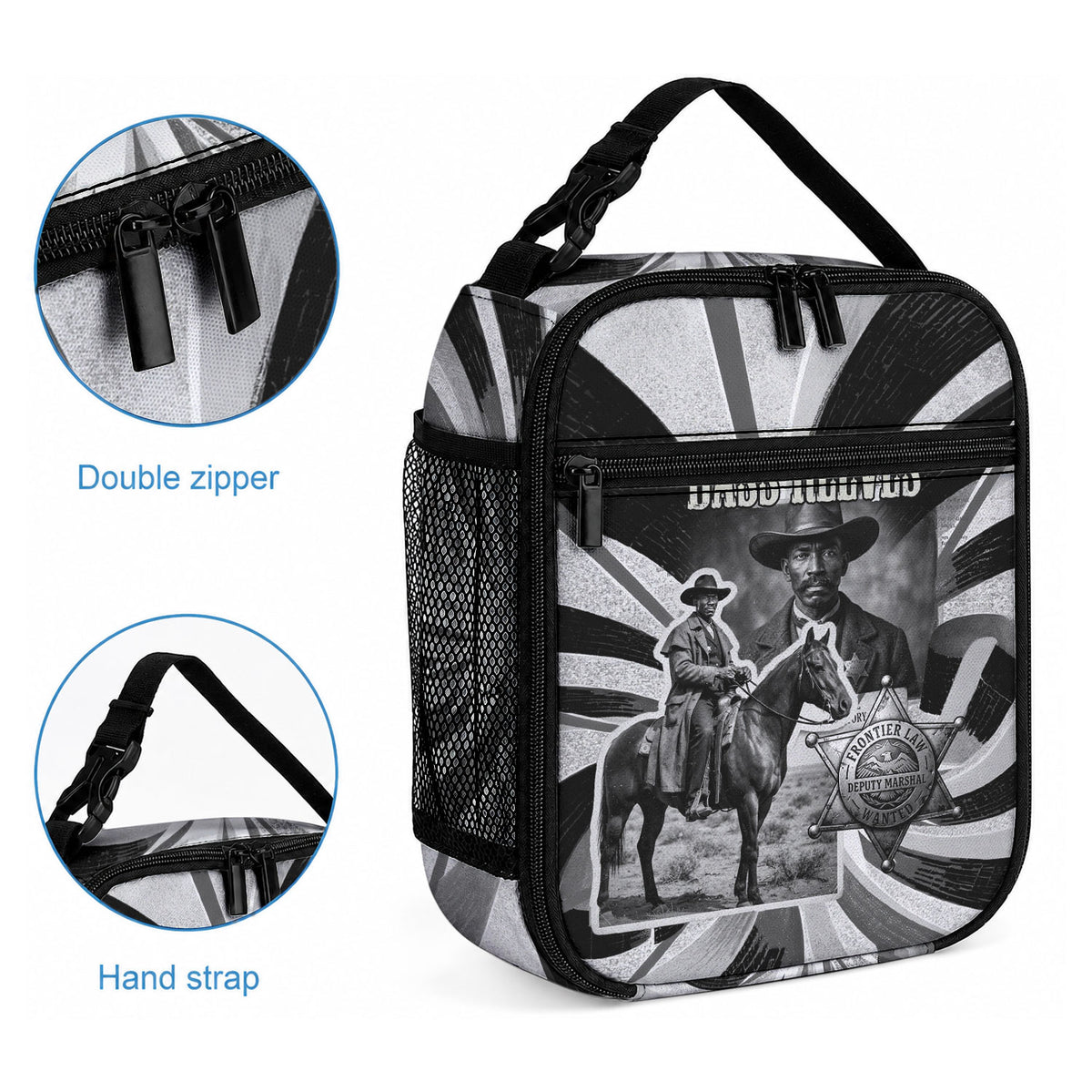 Bass Reeves Deputy Marshal Lunch Bag Black White Vintage Lawman Horse Badge Sunburst