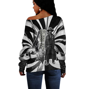 Bass Reeves Deputy Marshal Off Shoulder Sweater Black White Vintage Lawman Horse Badge Sunburst