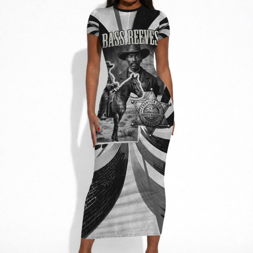 Bass Reeves Deputy Marshal Short Sleeve Bodycon Dress Black White Vintage Lawman Horse Badge Sunburst