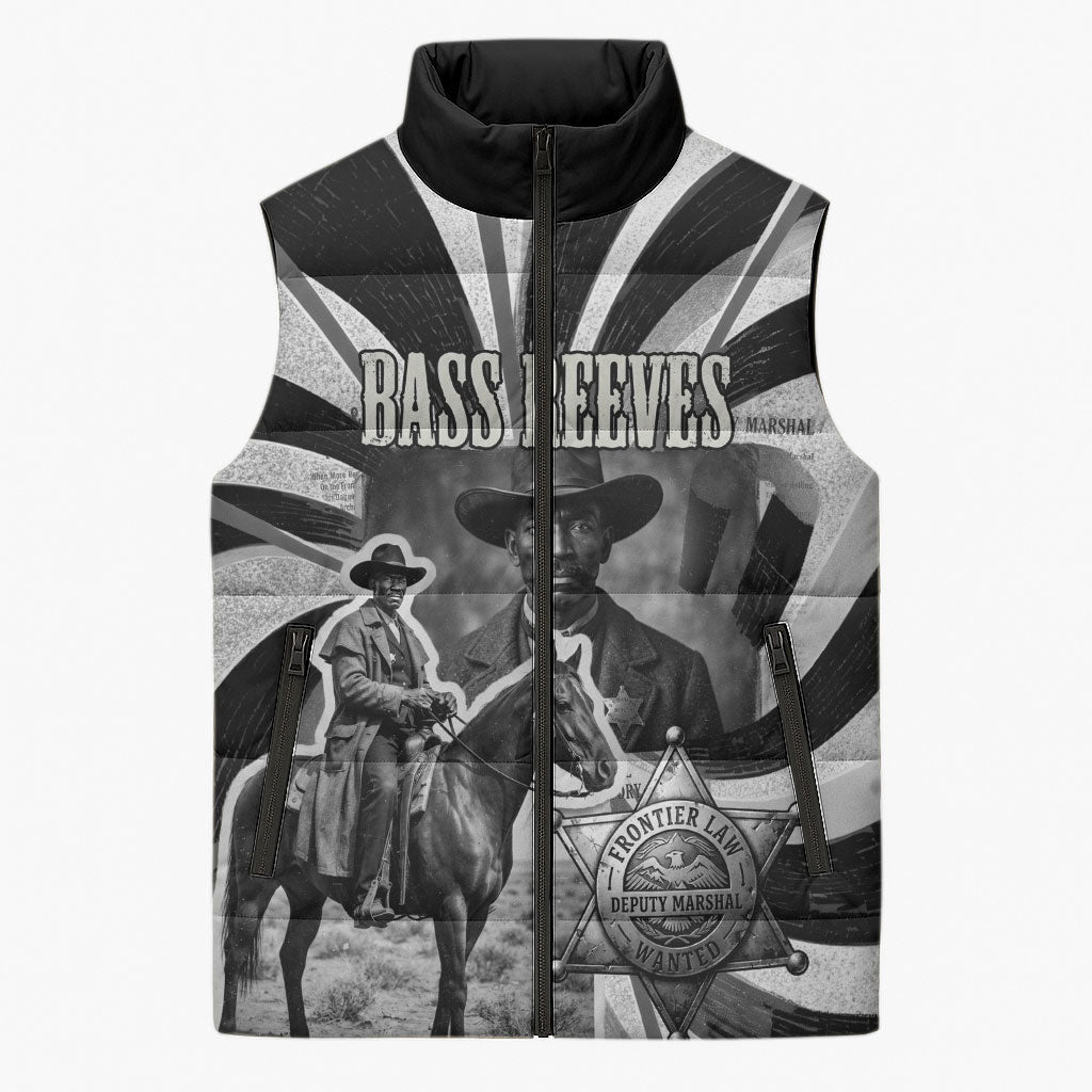 Bass Reeves Deputy Marshal Sleeveless Puffer Jacket Black White Vintage Lawman Horse Badge Sunburst