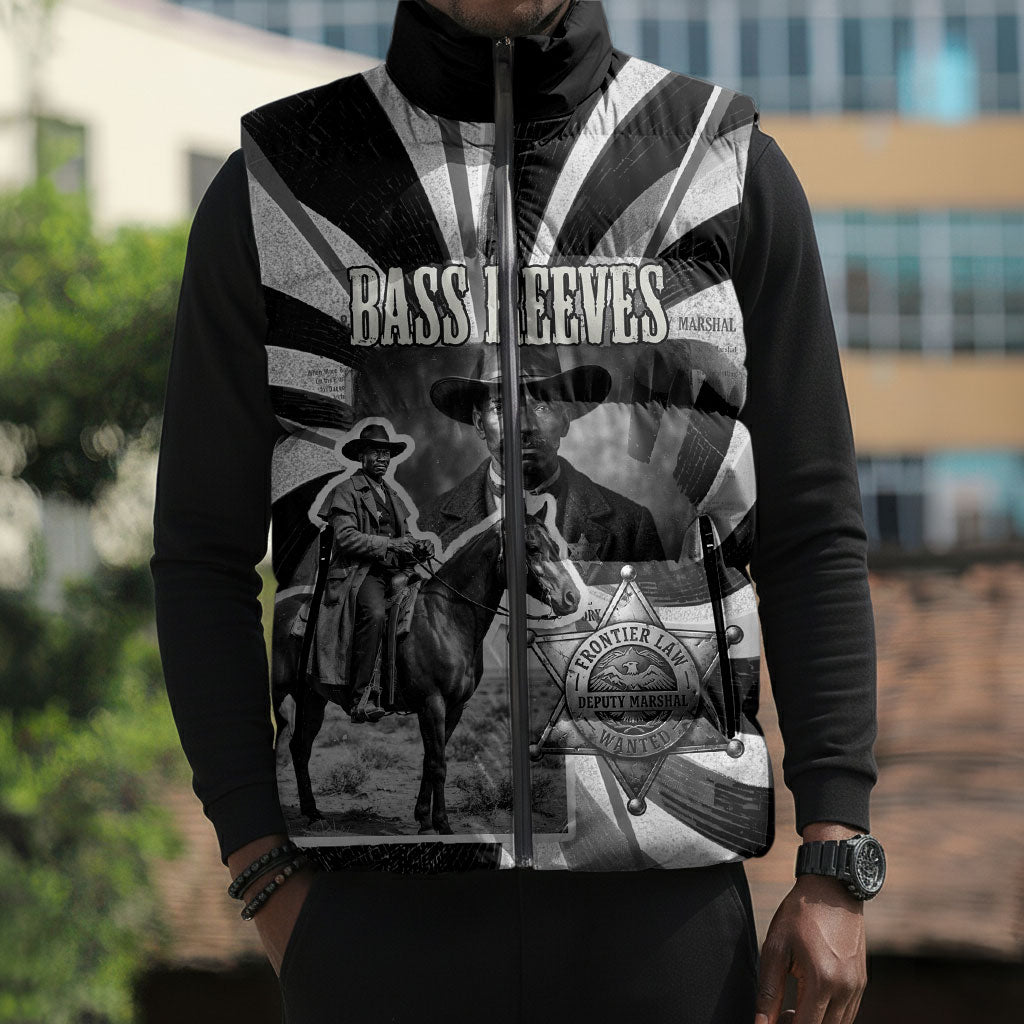Bass Reeves Deputy Marshal Sleeveless Puffer Jacket Black White Vintage Lawman Horse Badge Sunburst