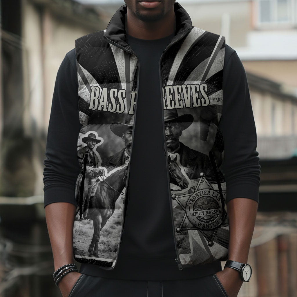 Bass Reeves Deputy Marshal Sleeveless Puffer Jacket Black White Vintage Lawman Horse Badge Sunburst