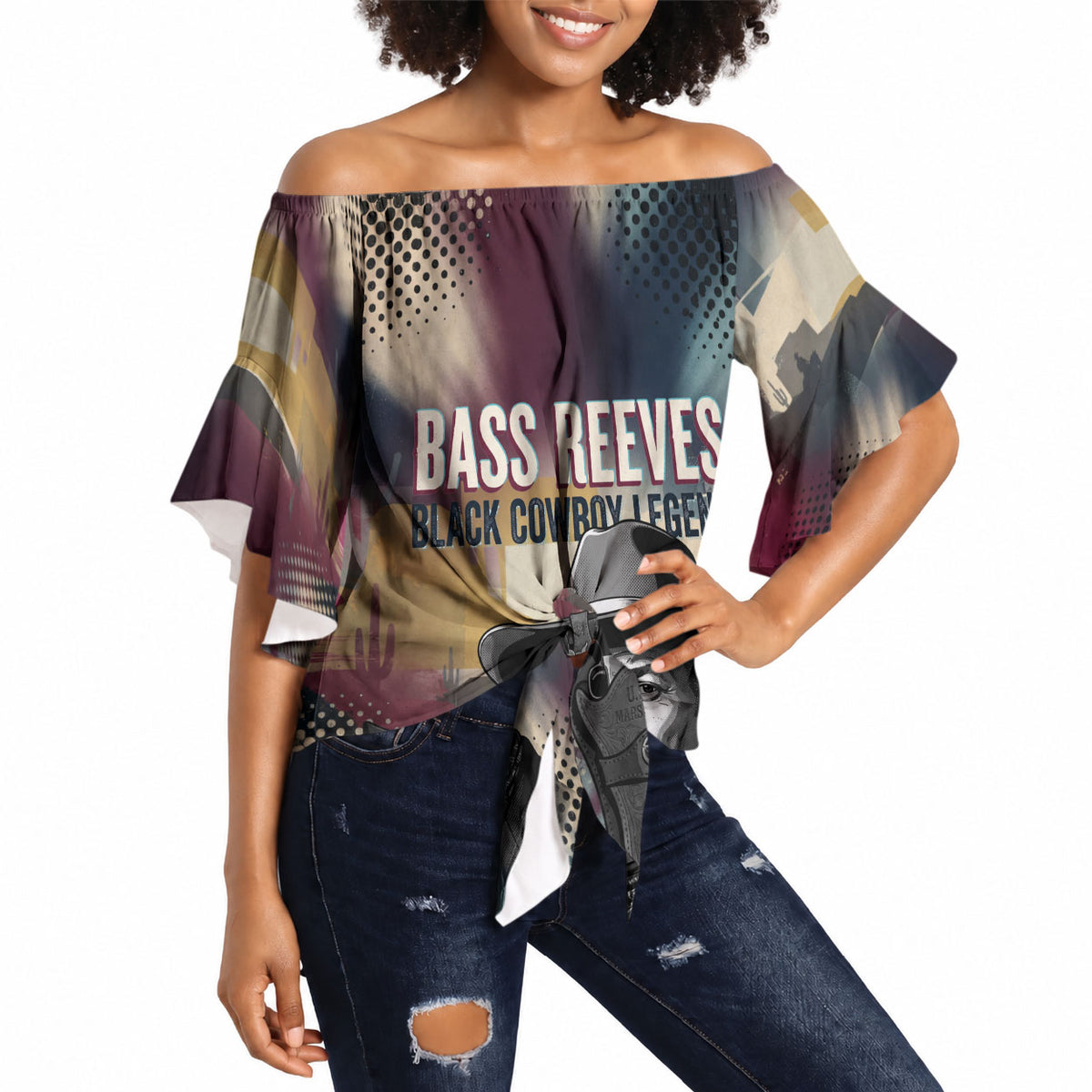 Bass Reeves Black Cowboy Legend Off Shoulder Wrap Waist Top Vintage Pop Art US Marshal Horse Desert