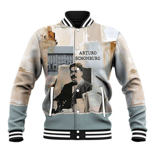 Arturo Schomburg Harlem Renaissance Baseball Jacket Beige Grey Vintage Torn Paper History Portrait