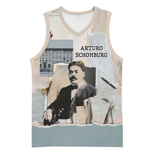 Arturo Schomburg Harlem Renaissance Basketball Jersey Beige Grey Vintage Torn Paper History Portrait