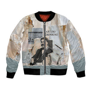 Arturo Schomburg Harlem Renaissance Bomber Jacket Beige Grey Vintage Torn Paper History Portrait