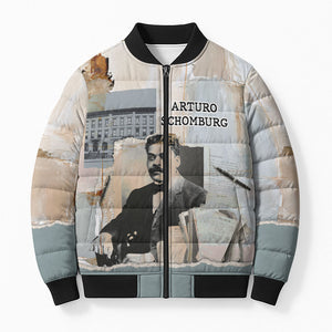 Arturo Schomburg Harlem Renaissance Bomber Puffer Jacket Beige Grey Vintage Torn Paper History Portrait