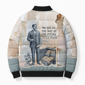 Arturo Schomburg Harlem Renaissance Bomber Puffer Jacket Beige Grey Vintage Torn Paper History Portrait