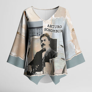 Arturo Schomburg Harlem Renaissance Kimono Sleeve Blouse Beige Grey Vintage Torn Paper History Portrait