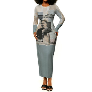 Arturo Schomburg Harlem Renaissance Long Sleeve Bodycon Dress Beige Grey Vintage Torn Paper History Portrait