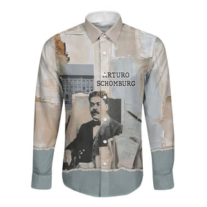 Arturo Schomburg Harlem Renaissance Long Sleeve Button Shirt Beige Grey Vintage Torn Paper History Portrait
