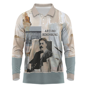 Arturo Schomburg Harlem Renaissance Long Sleeve Polo Shirt Beige Grey Vintage Torn Paper History Portrait