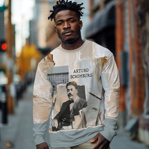 Arturo Schomburg Harlem Renaissance Long Sleeve Shirt Beige Grey Vintage Torn Paper History Portrait