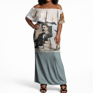 Arturo Schomburg Harlem Renaissance Off Shoulder Maxi Dress Beige Grey Vintage Torn Paper History Portrait