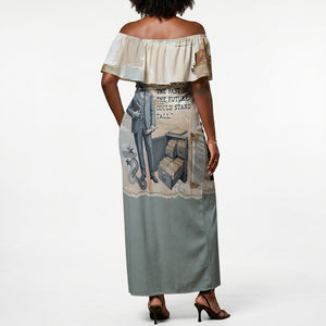 Arturo Schomburg Harlem Renaissance Off Shoulder Maxi Dress Beige Grey Vintage Torn Paper History Portrait