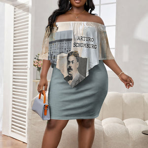 Arturo Schomburg Harlem Renaissance Off Shoulder Short Dress Beige Grey Vintage Torn Paper History Portrait