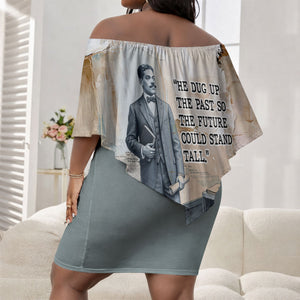 Arturo Schomburg Harlem Renaissance Off Shoulder Short Dress Beige Grey Vintage Torn Paper History Portrait